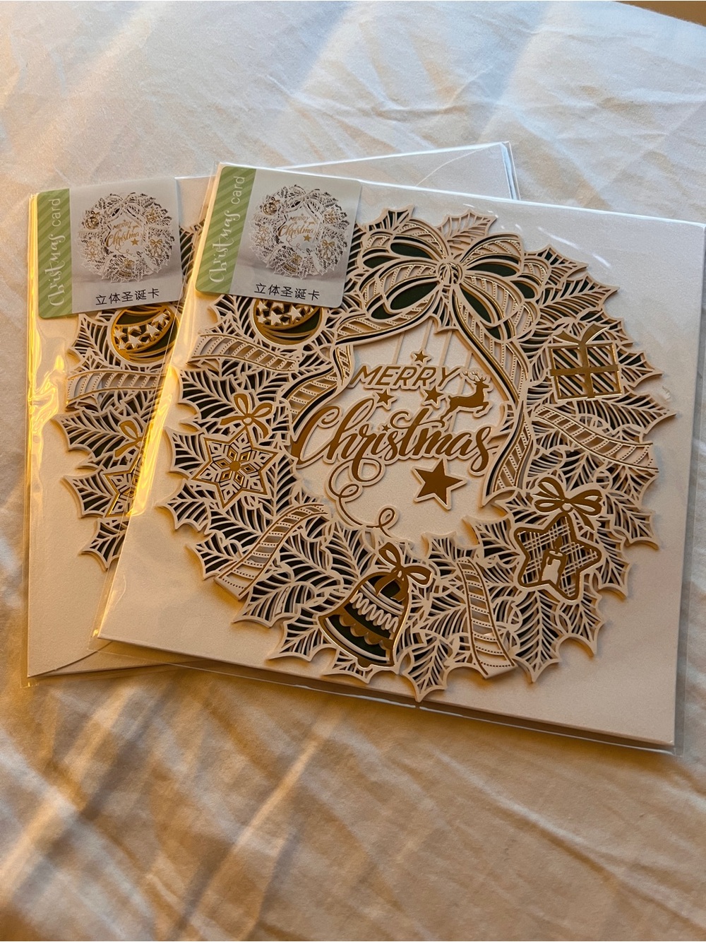 Wooden Laser-Cut Merry Christmas Wreath Card - White and Gold (CAD 6 for 2)